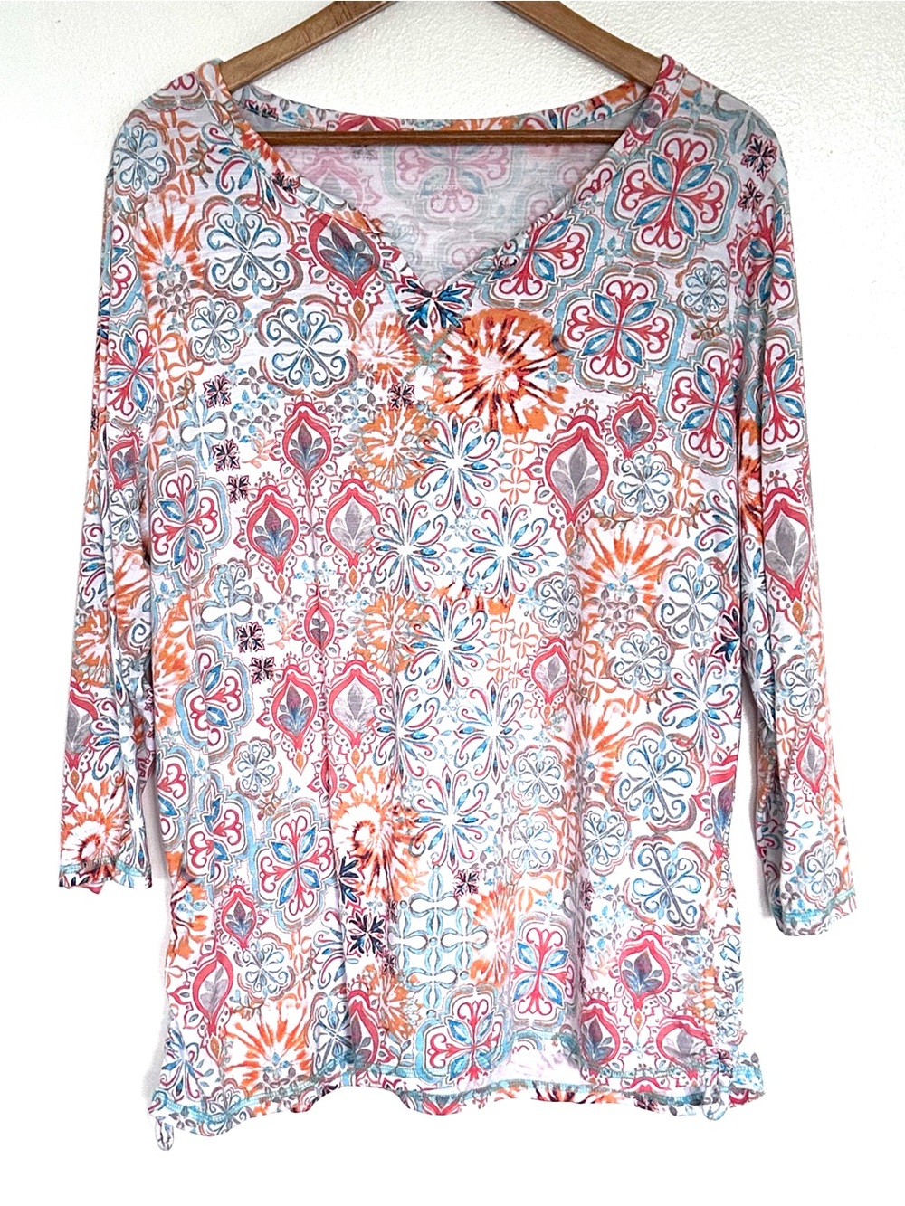 T By Talbots Plus Shirt Women’s 2X Geometric 3/4 Sleeve Pullover V Neck Top
